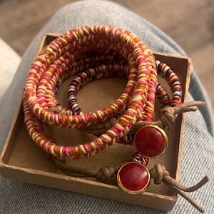 Colorful Woven Bracelet Set with Red Beads